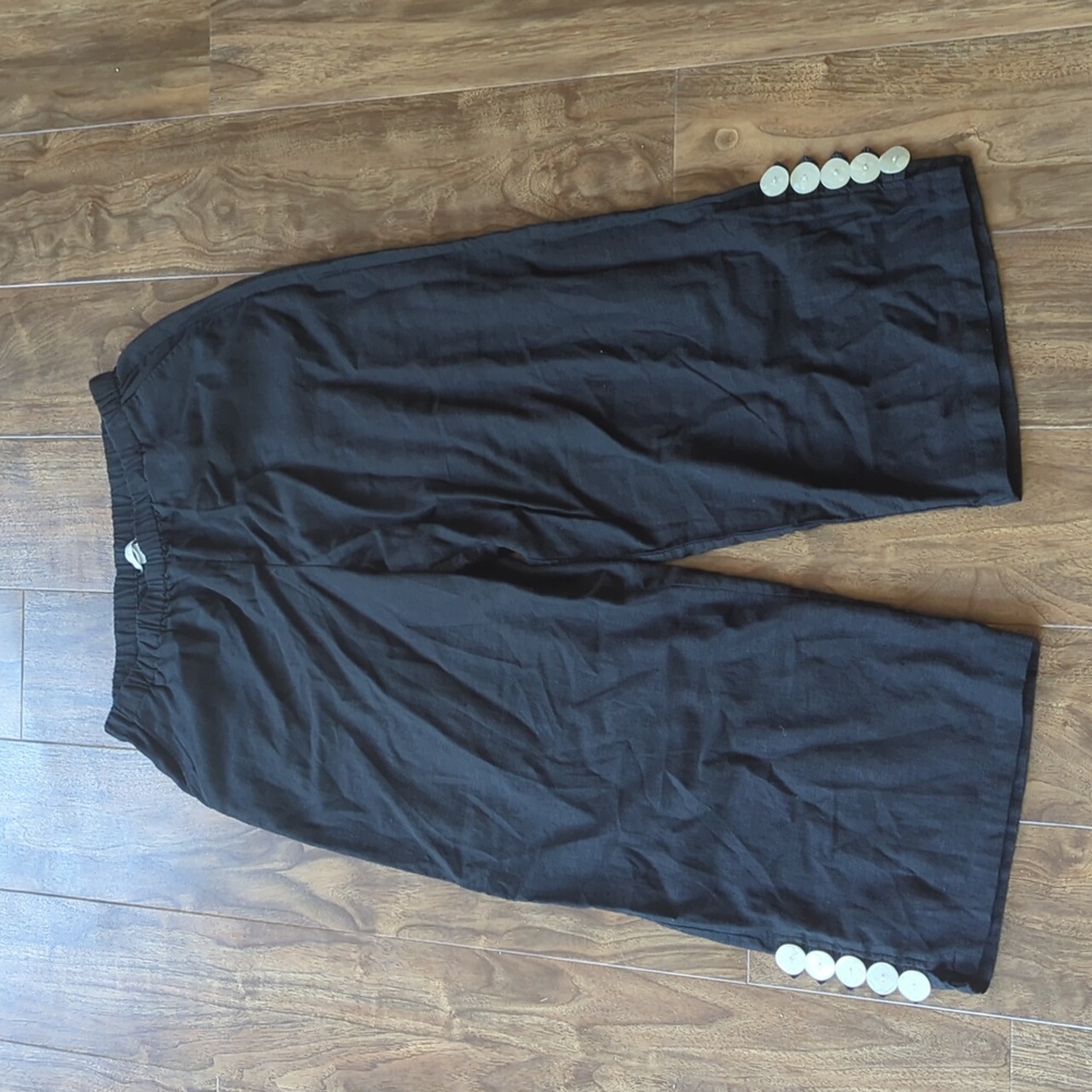 Black Linen Blend Wide Leg Pants